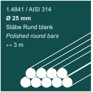 Edelstahlstäbe aus 1.4841 (314), 25mm Durchmesser, 3000 mm lang, auf blauem Hintergrund abgebildet